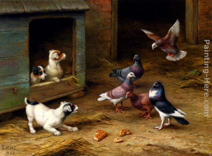 Puppies and Pigeons playing by a Kennel painting - Edgar Hunt Puppies and Pigeons playing by a Kennel art painting